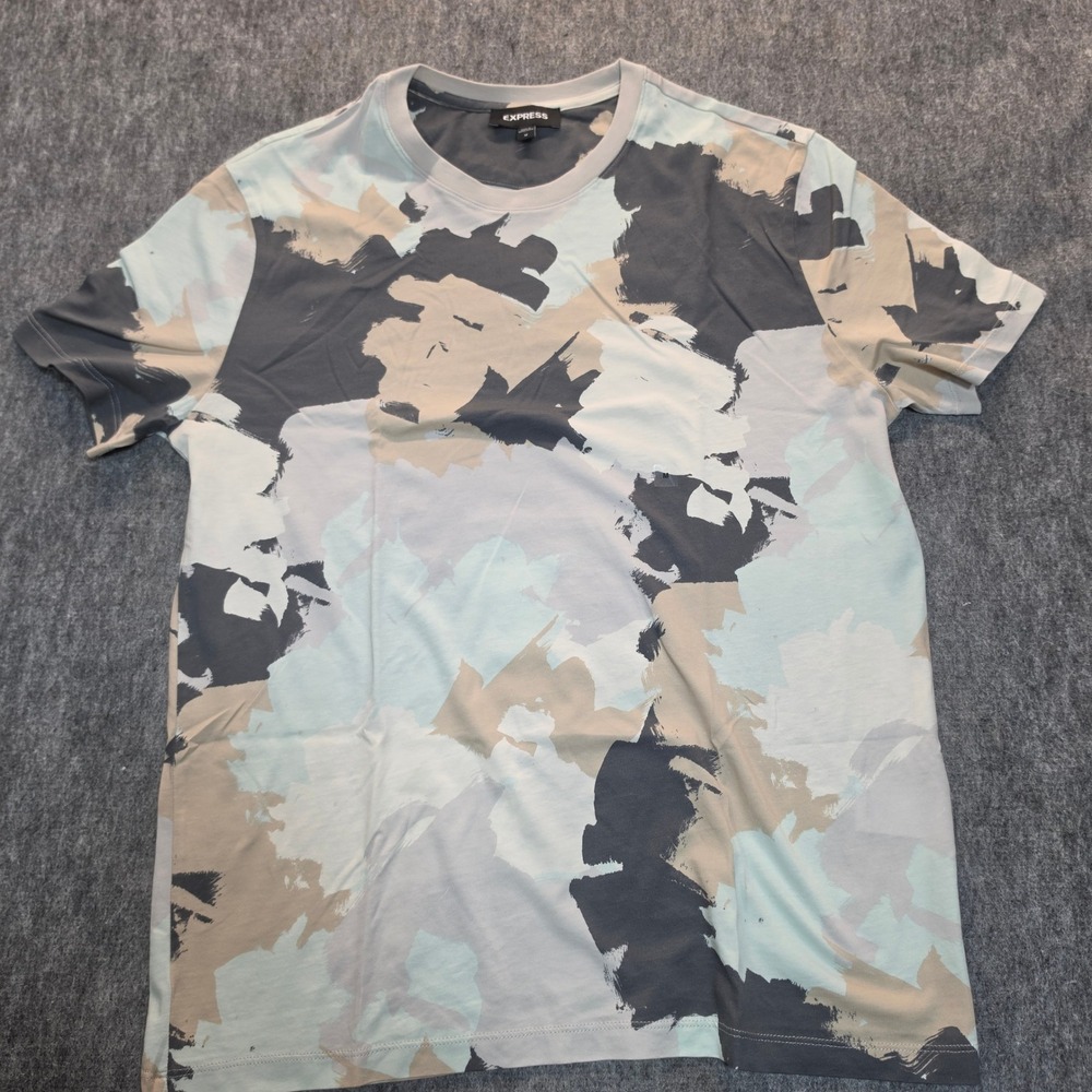 Express Mens Abstract Brushstroke Camo Crew Neck T-Shirt Grey Blue Tan Size M